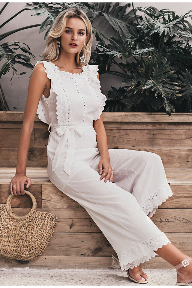 Cotton linen ruffled embroidery women jumpsuit