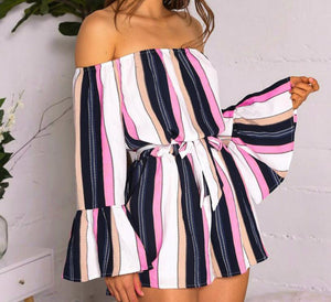 Women Jumpsuit Summer Fashion Womens Butterfly Sleeve Off Shoulder Bandage Stripe Jumpsuit