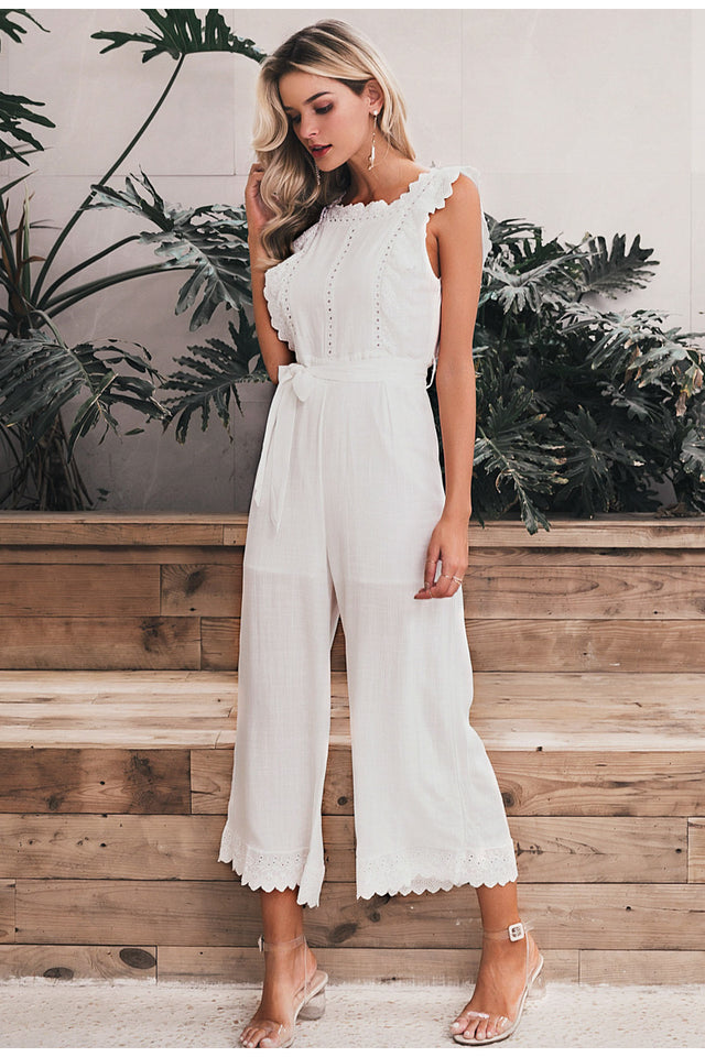 Cotton linen ruffled embroidery women jumpsuit