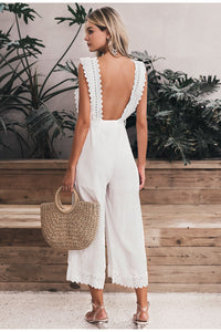 Cotton linen ruffled embroidery women jumpsuit